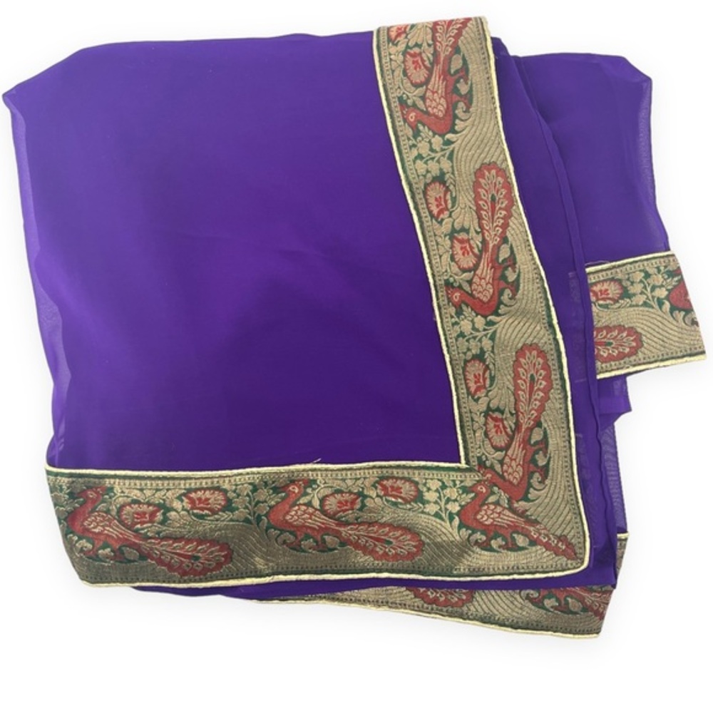 Saree Purple and Green Gold Trim with Peacock Design